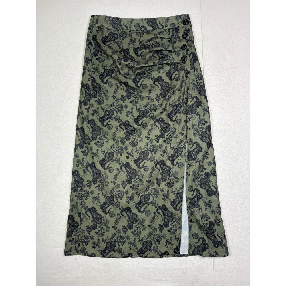Cider Womens Green Paisley Floral Ruched Side Slit Midi Skirt Size M